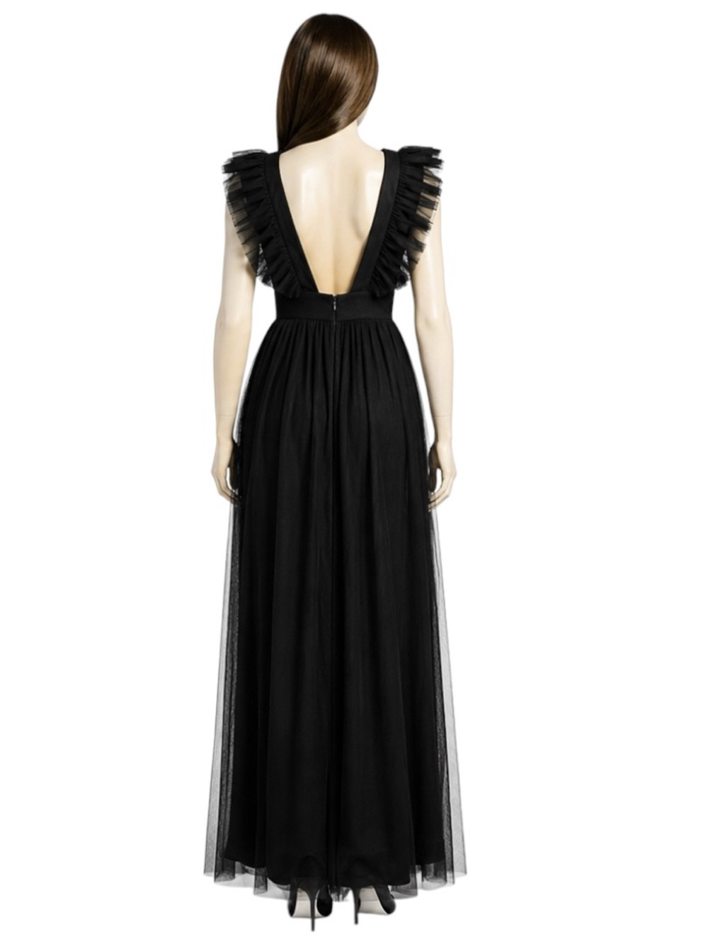 Black Mesh Ruffled Backless Maxi Size M Dress Sexy-Goth Dark Fairy Ethereal NWT - Picture 4 of 6